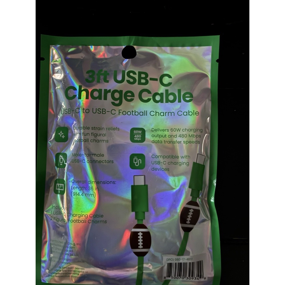 Football Charm 3ft USB-C Charging Cable & Wired Earbuds Green Sports - Picture 5 of 5